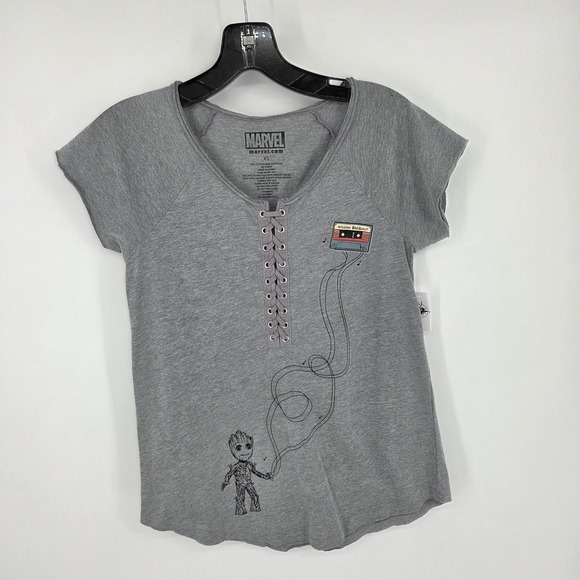 NWT Marvel Guardians of the Galaxy Groot Lace Up T-Shirt Gray XS Womens - Picture 1 of 6